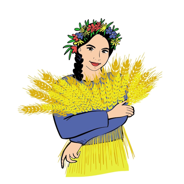 Vettore giovane donna agricoltore che indossa una corona di fiori e che tiene il grano nelle sue mani sorridente.vector