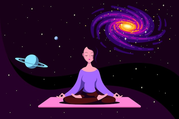 Giovane donna caucasica che si siede nella posa del loto con lo spazio intorno. Pratica dello Yoga e della Meditazione. Illustrazione di stile piatto