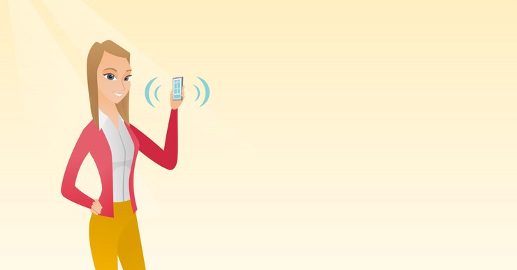 Vettore giovane donna caucasica che tiene squillare telefono cellulare