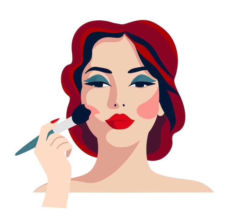 Vettore giovane donna che applica il rossore al viso per il trucco perfetto bella ragazza che tiene un pennello per truccarsi in lei