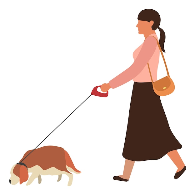 Giovane donna che cammina con il cane al guinzaglio Persona con animale domestico