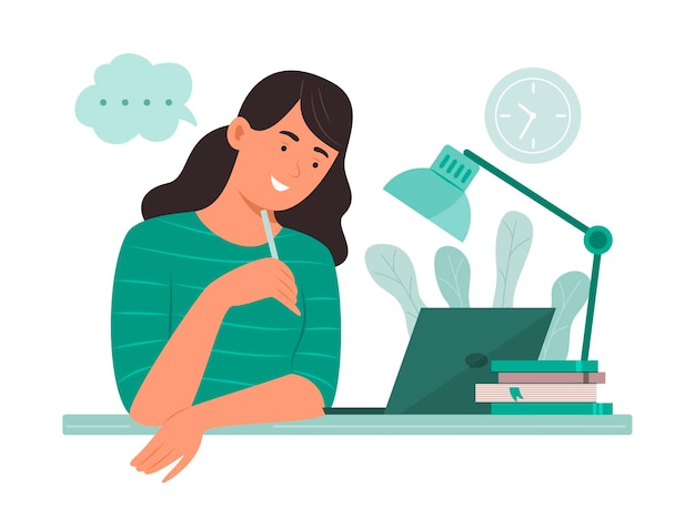 Giovane donna che guarda il portatile per l'illustrazione del concetto di apprendimento online