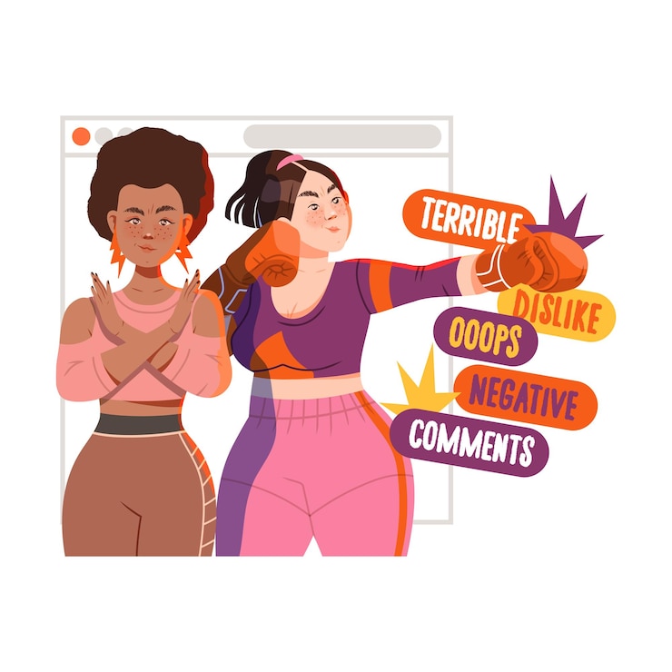 Vettore giovane donna che mostra un cartello di stop al cyberbullying eliminando i commenti negativi dai social media