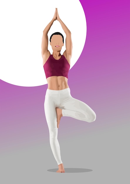 Giovane donna che pratica la postura dell'albero dello yoga sullo sfondo gradiente