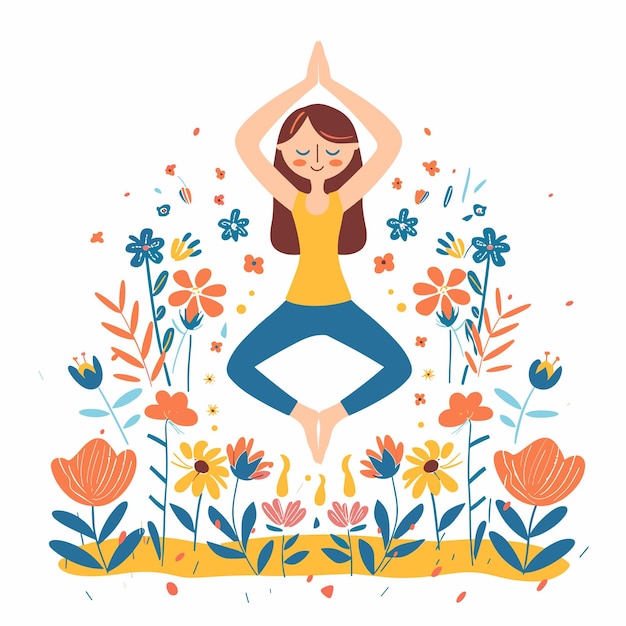 Giovane donna che pratica yoga all'aperto circondata da fiori colorati posa di yoga illustrata femminile