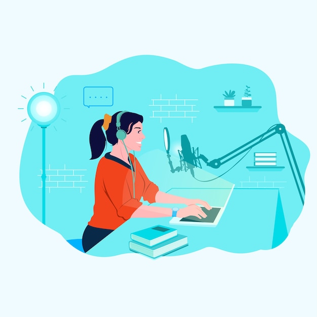 Giovane donna che registra podcast presso lo studio