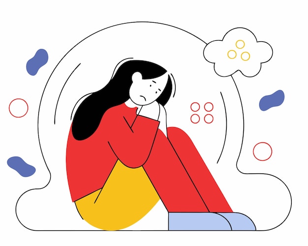 Giovane donna che si sente triste, stanca e preoccupata, che soffre di depressione, illustrazione di cartoni animati