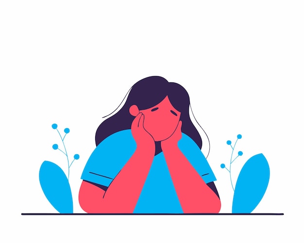Giovane donna che si sente triste, stanca e preoccupata, che soffre di depressione, illustrazione di cartoni animati