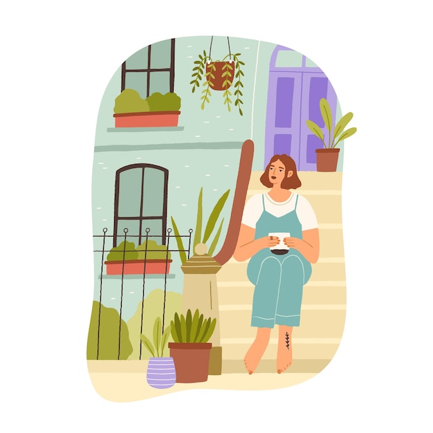 Giovane donna che trascorre il tempo libero da sola con una tazza di tè, sognando, rilassandosi e godendosi la vita lenta. Calma le persone pigre che riposano in solitudine. Illustrazione vettoriale piatta colorata isolata su sfondo bianco.