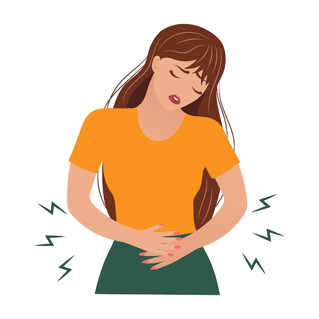 Giovane donna con dolore addominale acuto. Il concetto di salute e medicina. Illustrazione, vettore