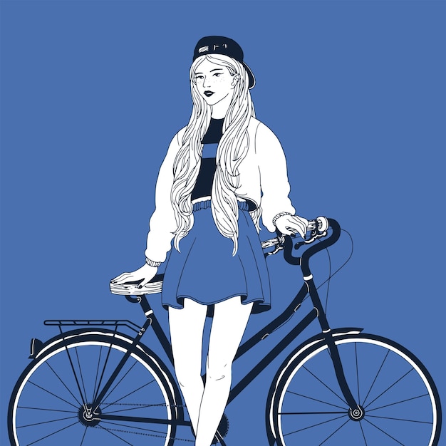 Giovane donna dai capelli lunghi vestita in abiti alla moda che si appoggia la schiena sulla bici da città.