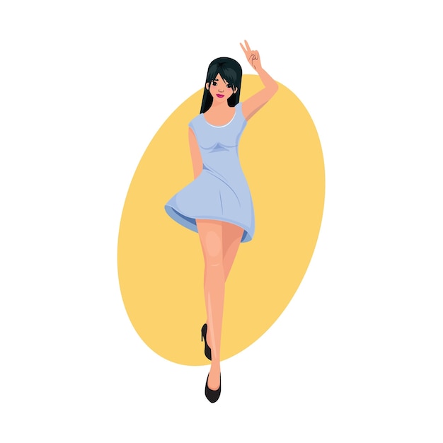 Giovane donna in un elegante vestito blu che fa un gesto di pace mentre cammina felice