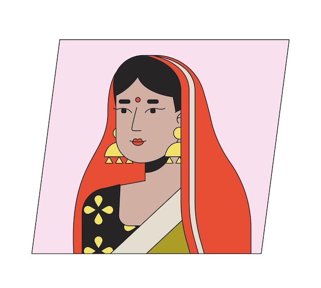 Giovane donna indiana in sari icona avatar cartone animato colore piatto Modificabile 2D utente ritratto lineare illustrazione Vettore isolato volto profilo clipart Userpic persona testa e spalle