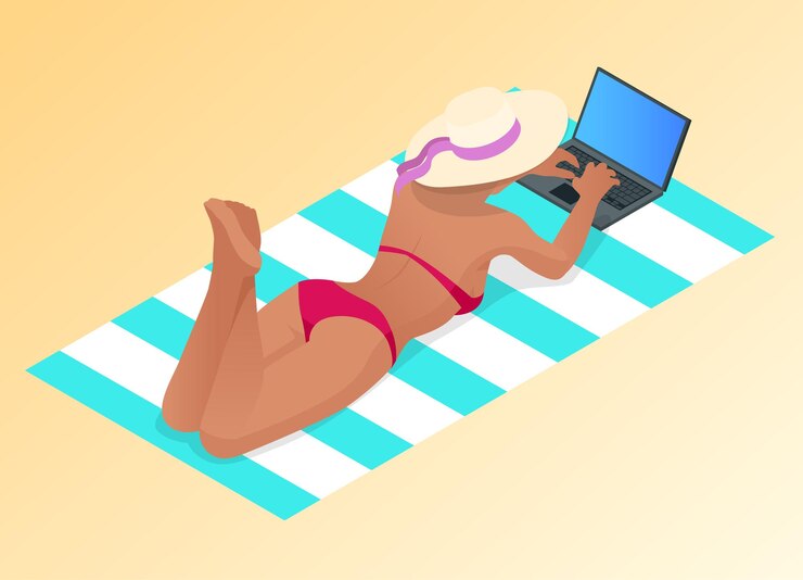Vettore giovane donna isometrica che lavora sulla spiaggia con un computer portatile in una giornata di sole sensazione di relax concetto di freelance o blog lavora con piacere