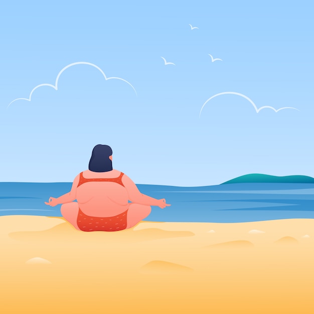 Giovane donna paffuta che fa yoga sulla spiaggia tropicale. Meditando con naturale, illustrazione.