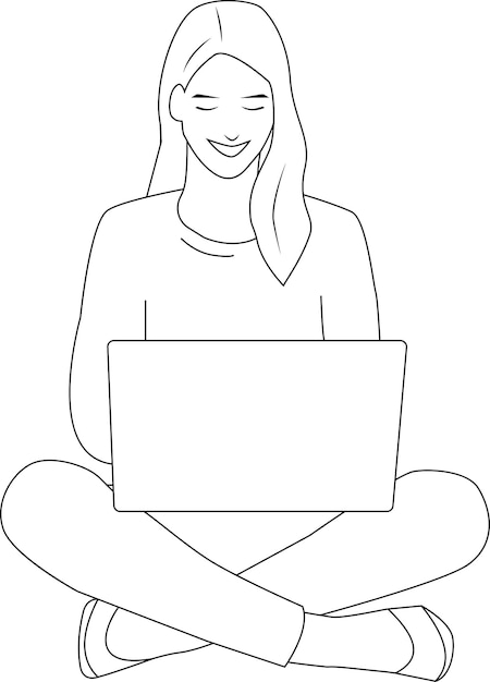 Giovane donna seduta con un laptop che lavora al computer Freelancer Illustrazione vettoriale del contorno