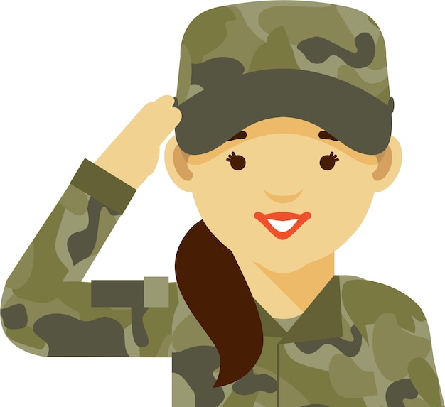 Giovane donna soldato in uniforme militare camuffata e volto ritratto dell'icona dell'avatar
