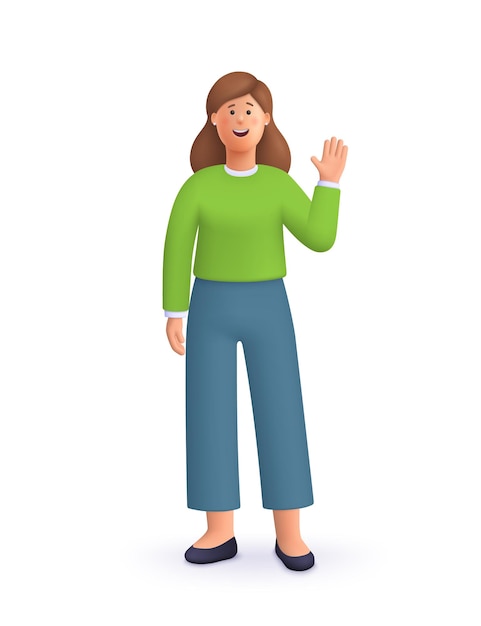 Giovane donna sorridente in piedi con un gesto di saluto che dice ciao ciao o ciao e salutando con la mano 3d illustrazione del personaggio delle persone vettoriali Stile minimal dei cartoni animati