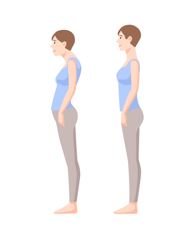 Vettore giovane donna sorridente in piedi in buone e cattive posture isolate su sfondo bianco. colonna vertebrale neutra, pose corrette e scorrette. vista laterale. illustrazione colorata in stile cartone animato piatto