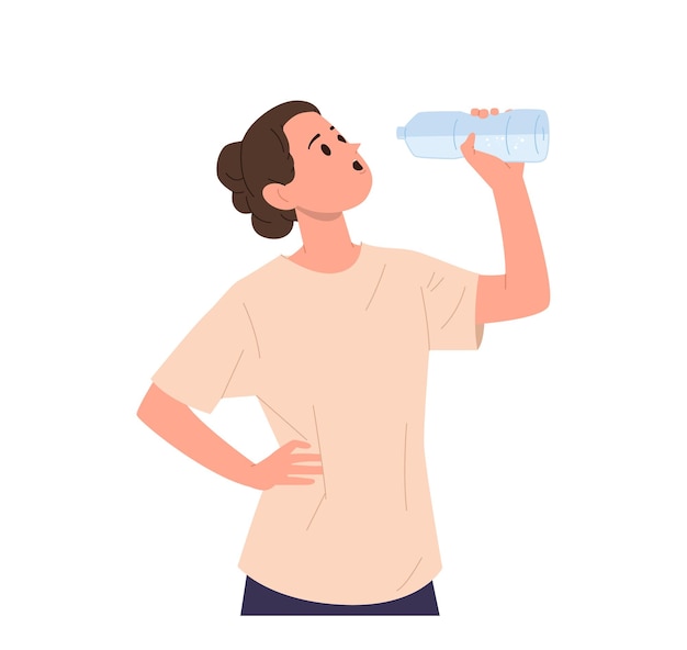Giovane donna sportiva personaggio di cartone animato isolato che beve acqua da una bottiglia di plastica sentendosi bene