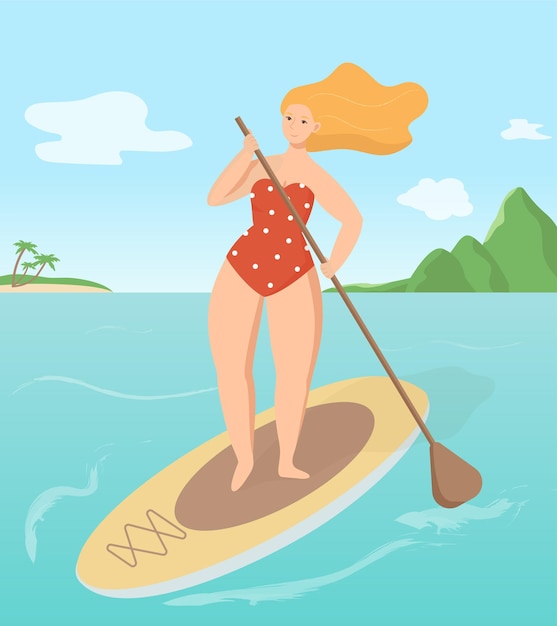 Giovane donna surf su una tavola da sup in mare o oceano in una calda giornata estiva. Attività di vacanza sull'acqua.