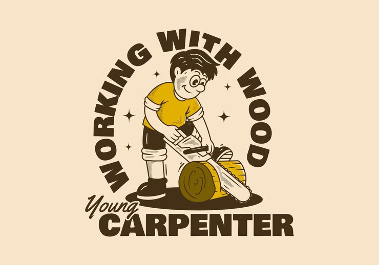 Vettore giovane falegname che lavora con il legno illustrazione di un carpentiere che segha il legno buono per gli adesivi