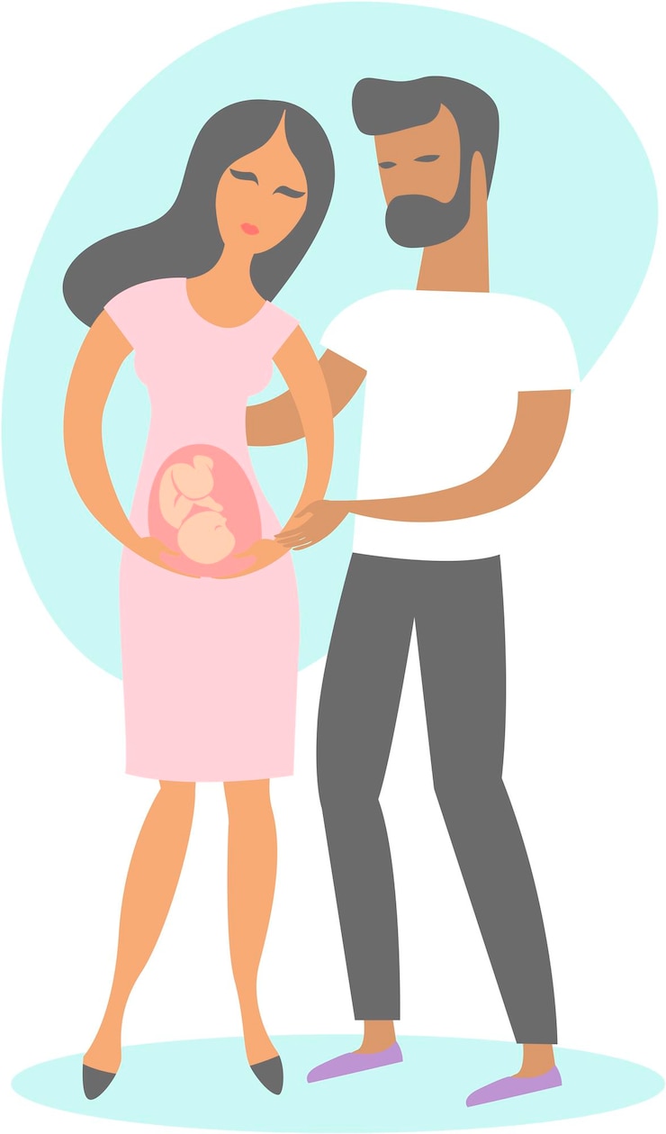 Vettore giovane famiglia felice che aspetta un bambino