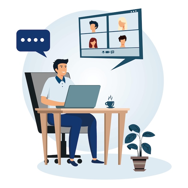 Giovane felice che parla con i colleghi utilizzando una videoconferenza Il concetto di conferenza online da casa