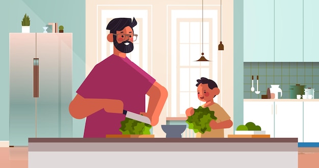 giovane padre e figlio piccolo che preparano insalata di verdure sane a casa cucina genitorialità concetto di paternità papà trascorrere del tempo con la sua illustrazione vettoriale orizzontale di ritratto di bambino