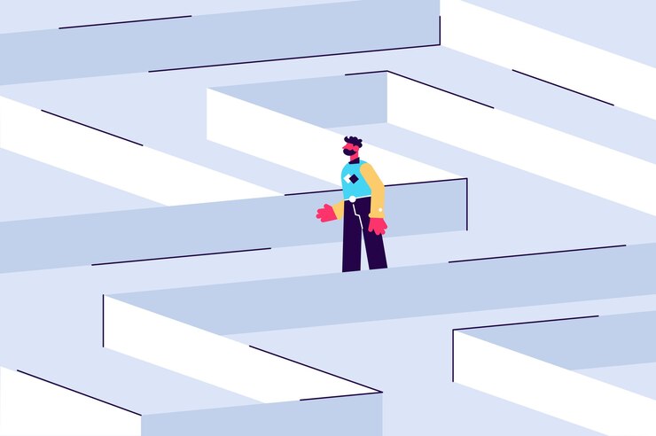 Giovane personaggio maschile in un labirinto pensiero strategico e risoluzione dei problemi concetto di business