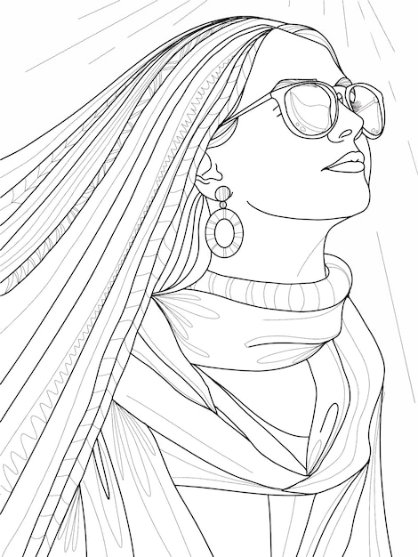 Giovane ragazza con i capelli lunghi che indossa occhiali e sciarpa in stile doodle illustrazione principessa alla moda libro da colorare pagina da colorare per bambini e adulteps