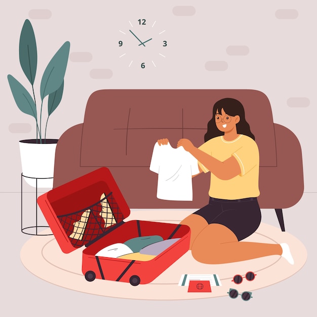 Giovane ragazza sorridente sveglia che si siede sul pavimento e che imballa la sua valigia o borsa e che prepara per il viaggio o il viaggio. Viaggiatore felice si prepara per le vacanze estive. Illustrazione variopinta di vettore del fumetto piano.