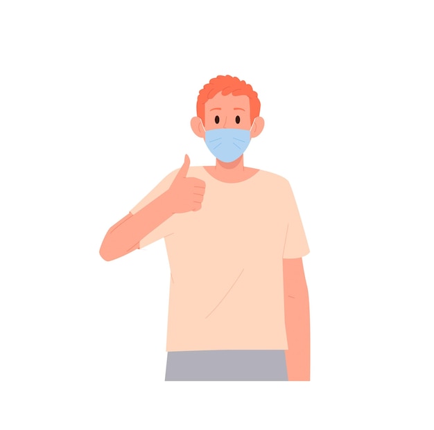 Giovane ragazzo adolescente personaggio di cartone animato che indossa una maschera facciale medica gesticolando ok segno di approvazione isolato su bianco Nuova consapevolezza normale per prevenire l'influenza o l'infezione virale illustrazione del vettore di epidemia