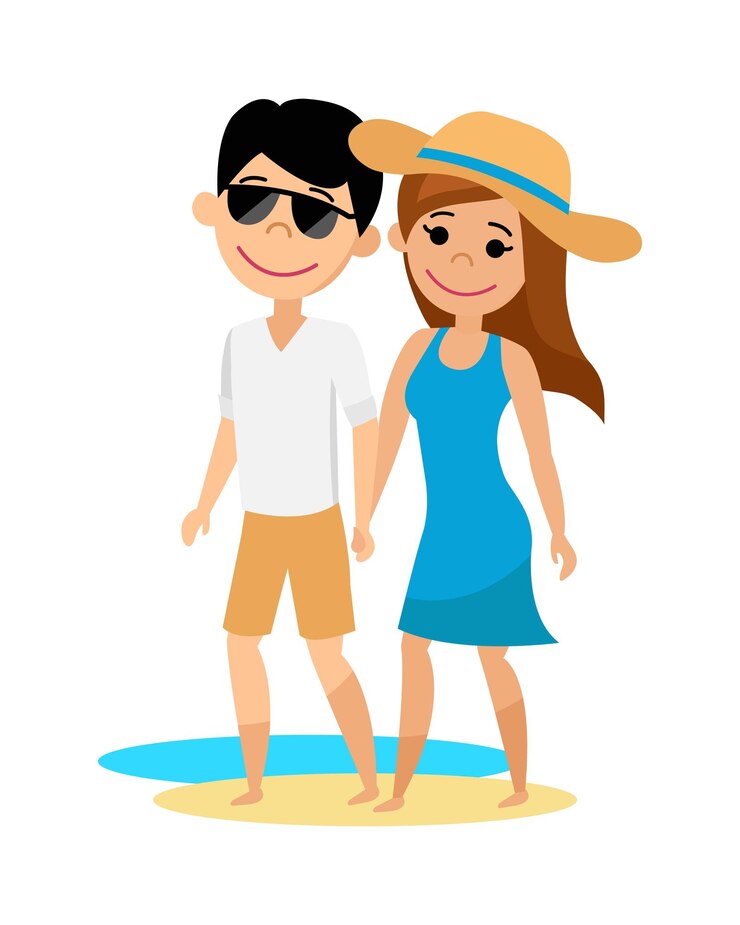 Vettore giovane ragazzo e ragazza che camminano sulla spiaggia. il marito e la moglie in vacanza