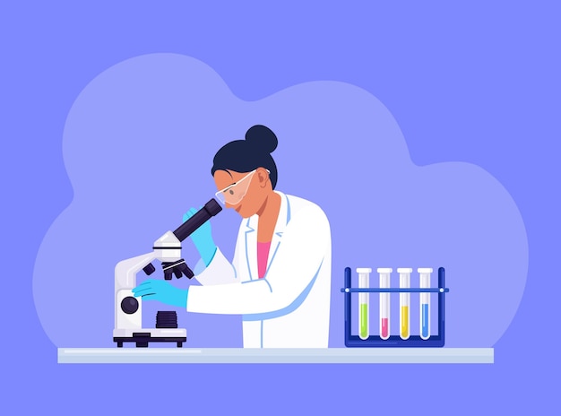 Giovane scienziata che guarda attraverso un microscopio in un laboratorio che esegue ricerche chimiche, analisi microbiologiche o test medici