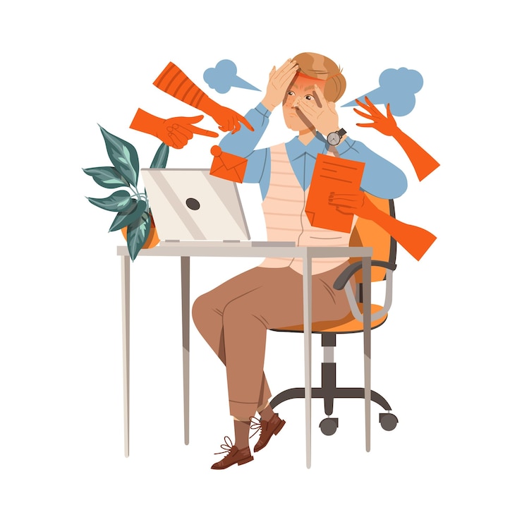 Vettore giovane seduto sul posto di lavoro si è coperto il viso con le mani come stressato a causa dell'illustrazione vettoriale dell'impiegato di ufficio multitasking