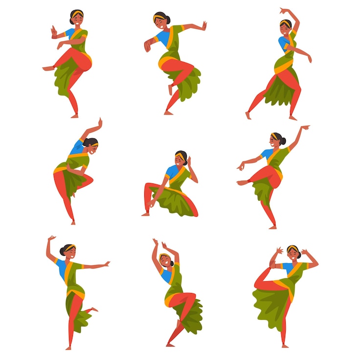 Vettore giovane uomo che esegue la danza popolare insieme sorridente personaggio ballerino indiano che balla in abiti tradizionali illustrazione vettoriale su sfondo bianco
