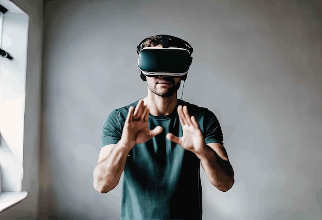 giovane uomo che indossa un visore vr in realtà virtualegiovane uomo che indossa un visore vr in realtà virtualeuomo wi