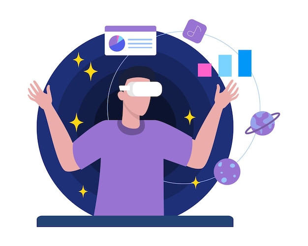 Giovane uomo con occhiali VR che guarda diagrammi e grafici