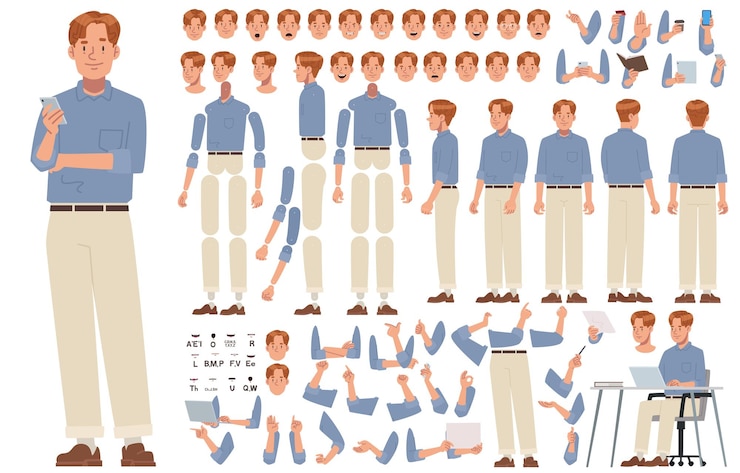 Vettore giovane uomo d'affari costruttore di personaggi impiegato imposta diverse posizioni gambe animation_ai_generated