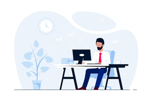 Giovane uomo di affari che lavora al computer alla scrivania in ufficio. Illustrazione di stile piatto