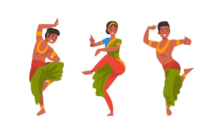 Vettore giovane uomo e donna ballerini indiani con bindi in abiti tradizionali che eseguono un set vettoriale di danza popolare