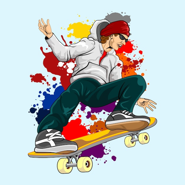 Giovane uomo esperto che fa un trucco con lo skateboard