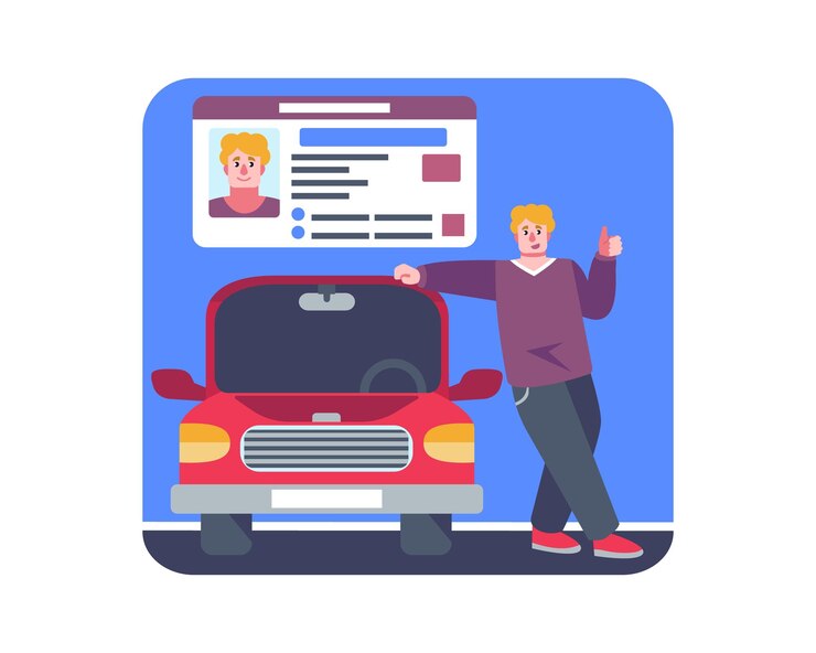Vettore giovane uomo felice in piedi vicino a un'auto rossa che mostra felicemente la patente di guida studente che supera l'esame con successo ottenere il concetto di patente di guida illustrazione piatta vettoriale nei colori blu