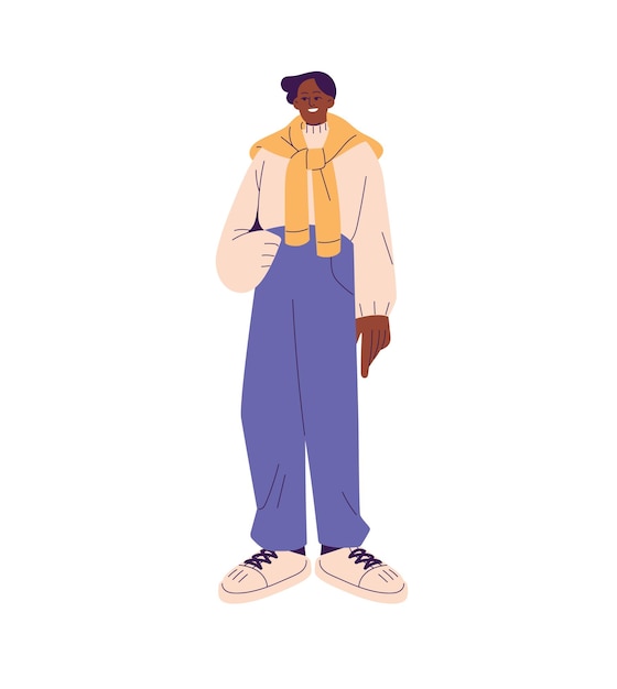 Giovane uomo nero in abiti caldi in piedi Persona elegante che indossa maglioni pantaloni sneakers in autunno Ragazzo in abiti alla moda Autunno moda maschile Illustrazione vettoriale isolata piatta su sfondo bianco