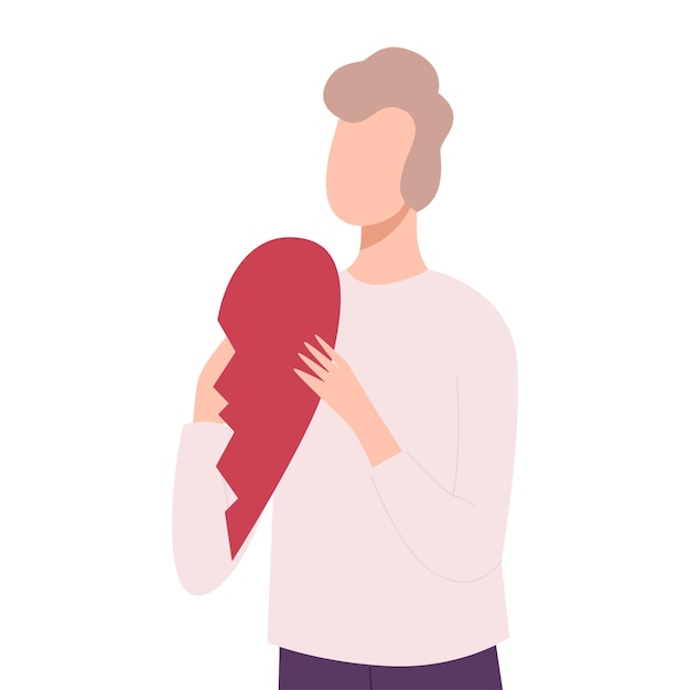 Giovane uomo solitario che tiene la metà di un cuore spezzato ragazza solitaria e triste personaggio illustrazione vettoriale piatta