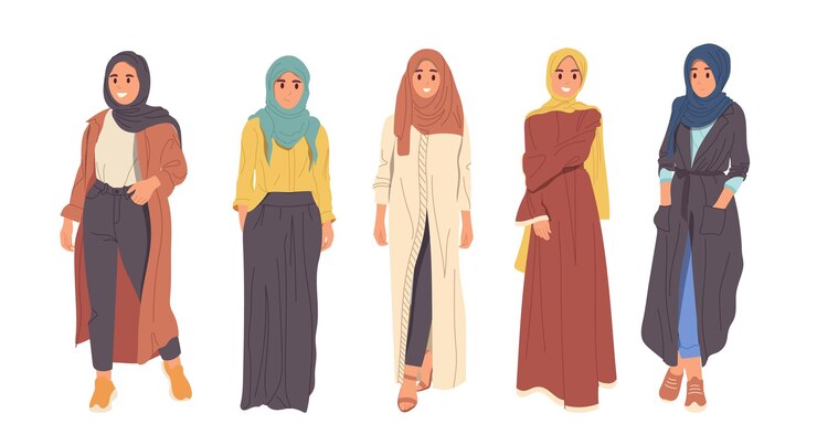 Vettore giovani donne arabe personaggi di cartoni animati che indossano abiti di moda orientale in stile casuale