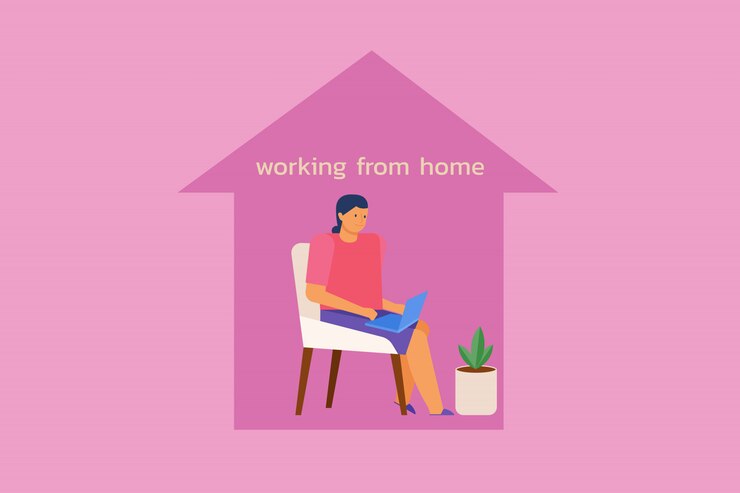 Vettore giovani donne che si siedono sulla sedia facendo uso del computer portatile dentro la forma della casa. lavora da casa concetto. illustrazione in stile piatto.