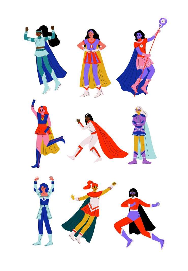 Vettore giovani donne in costumi di supereroi e mantelli impostano bellissimi personaggi di super ragazze in diverse pose
