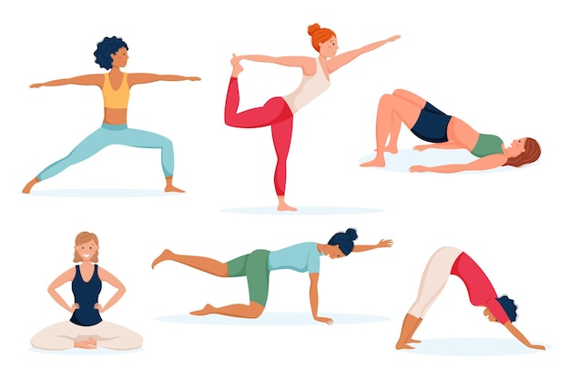 Giovani donne magre che fanno yoga o ginnastica insieme di cartoni animati illustrazioni vettoriali concetto di stile di vita sano
